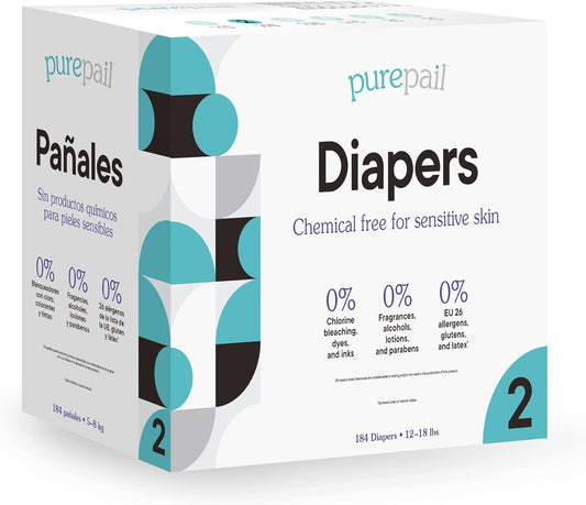 PurePail: Chemical-Free Disposable Diapers Size 2, 184ct - Gentle & Unscented