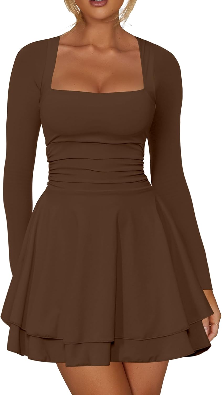 Kaximil Women's Square Neck Ruffle Hem Mini Dress for Parties