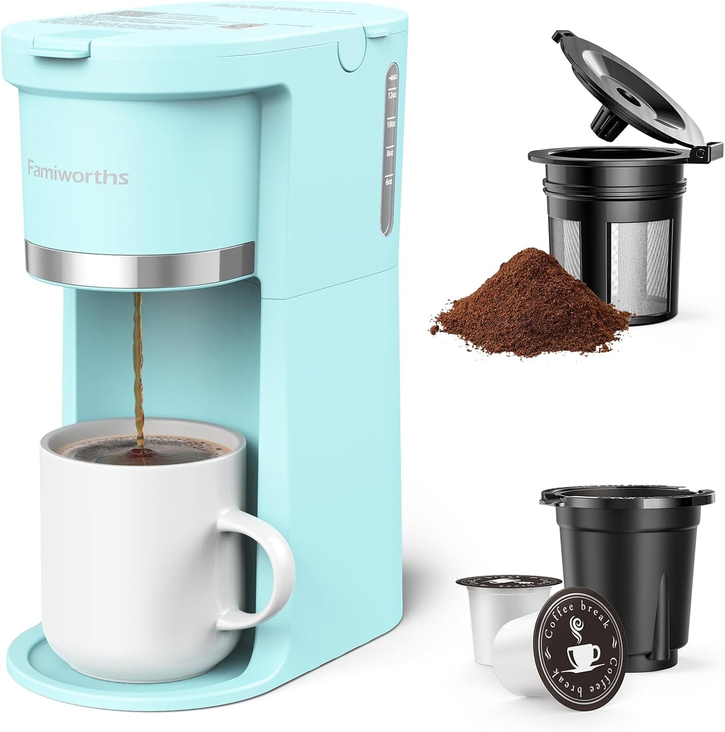Famiworths Mini Coffee Maker for K Cup & Ground Coffee Brewing