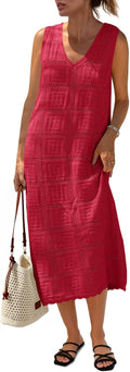 Fisoew Crochet Sleeveless Midi Beach Dress - Lightweight Boho Cover Up
