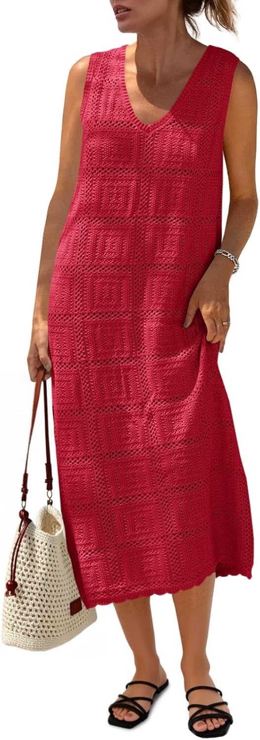 Fisoew Womens Crochet Sleeveless Dress for Summer Beach Fun