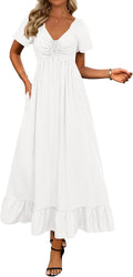 Womens Spring Dresses 2025 V Neck Drawstring Maxi Dress - Flowy Fit