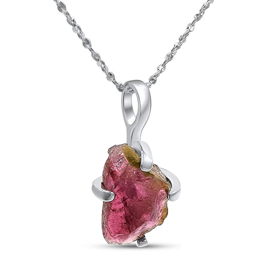 Natural Raw Watermelon Tourmaline Pendant Chain Necklace Gift