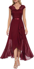 Women's V-Neck Lace Hi-Lo Dress for Wedding Guest - Tea Length