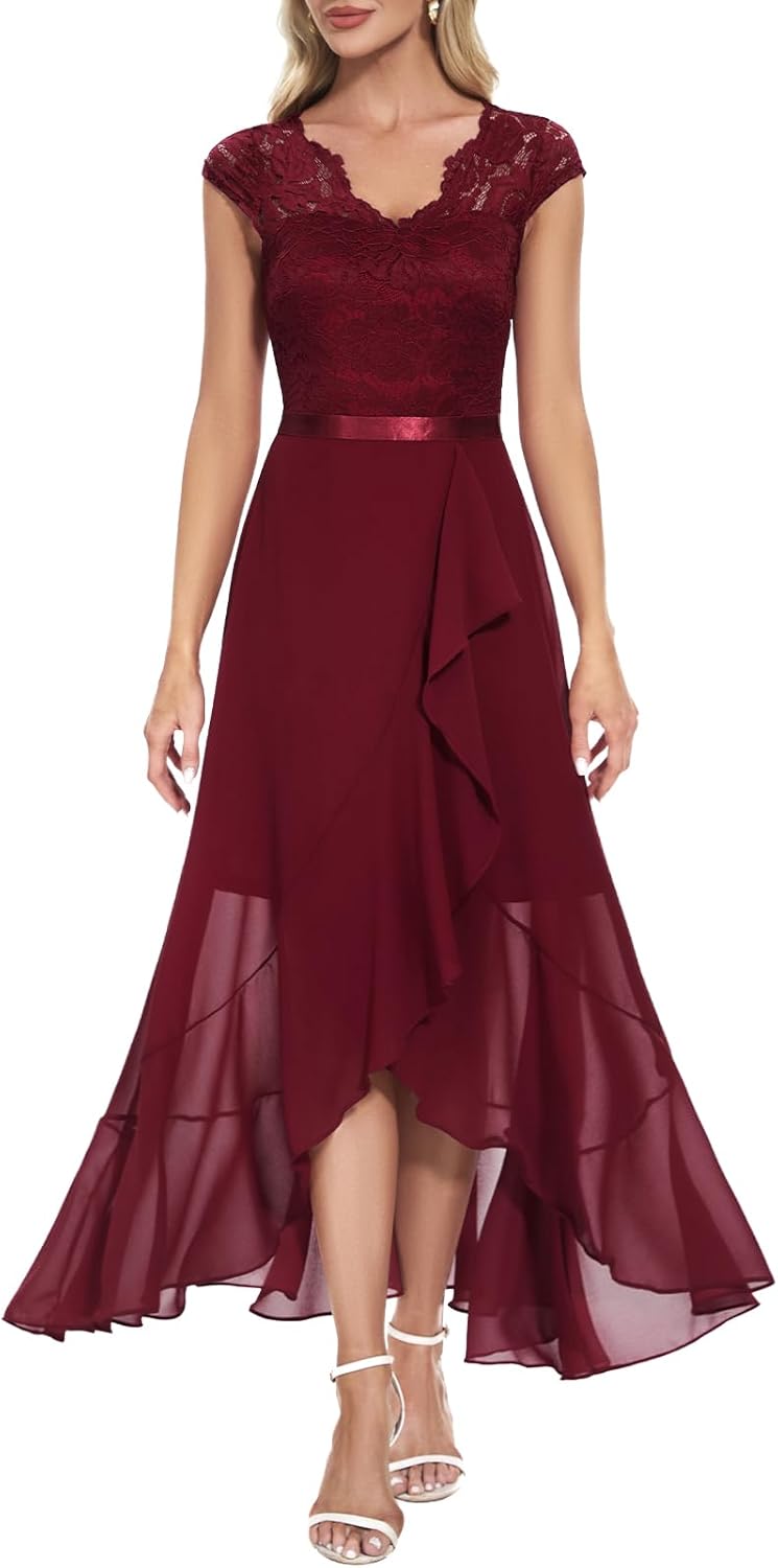 Elegant V-Neck Hi-Lo Floral Lace Dress for Wedding Guests