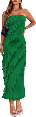 Women Strapless Mesh Midi Ruched Bodycon Dress - Summer Cocktail