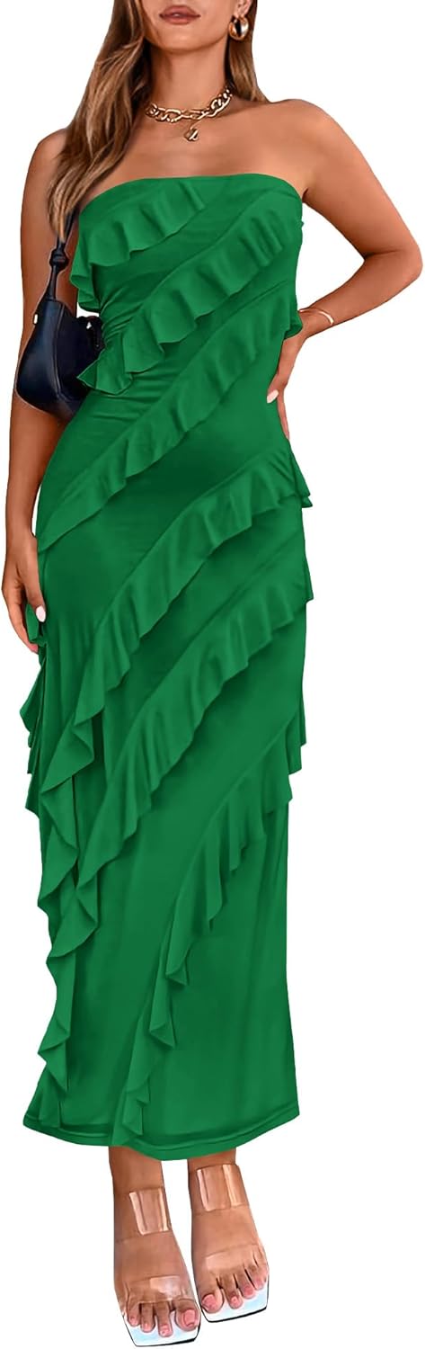 Elegant Strapless Midi Ruched Bodycon Dress for Women