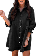 Denim Mini Dress for Women - Smocked 3/4 Sleeve Button Down