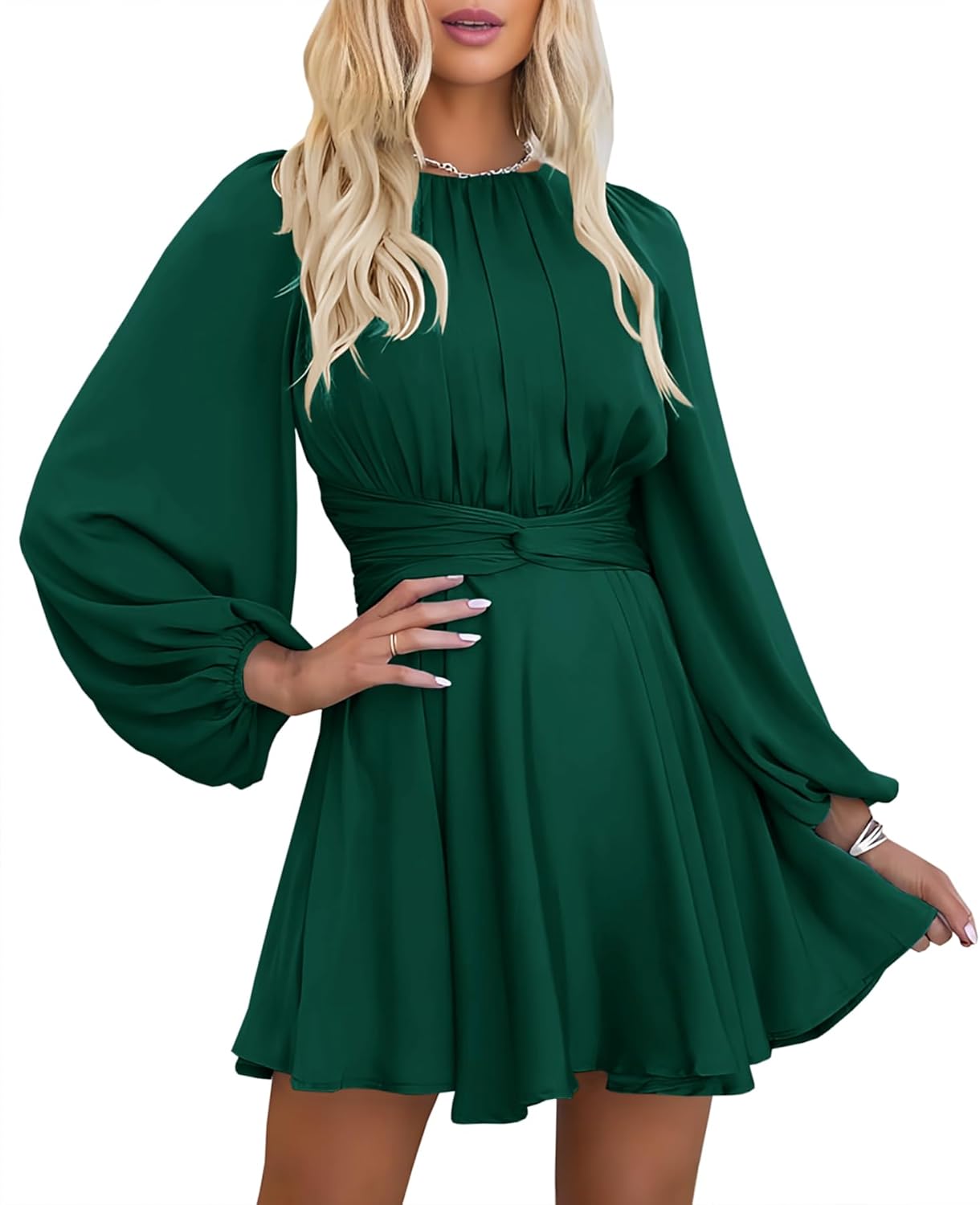 Elegant Satin Long Sleeve Wrap Tie Waist Mini Dress for Women