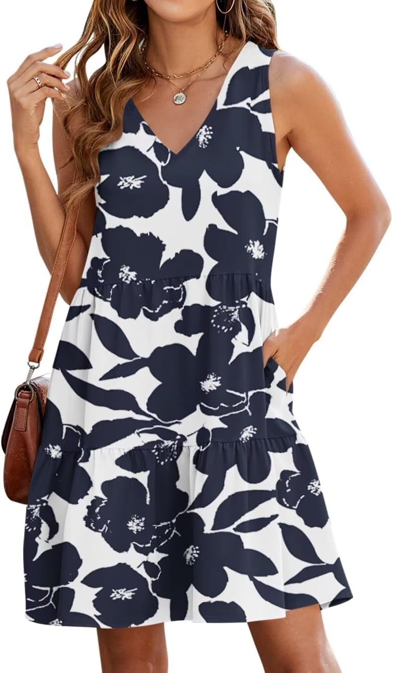 QACOHU Women's Summer Sleeveless V Neck Mini Dress with Pockets