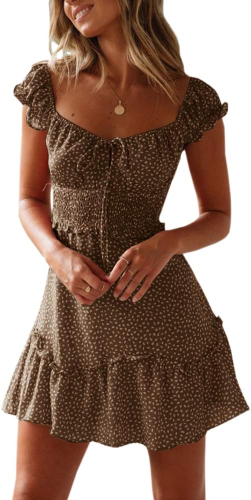 YOBECHO Womens Summer Ruffle Sleeve Sweetheart Neckline Dress