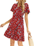 Naggoo Women's Floral Wrap V Neck Mini Dress - Lightweight Summer