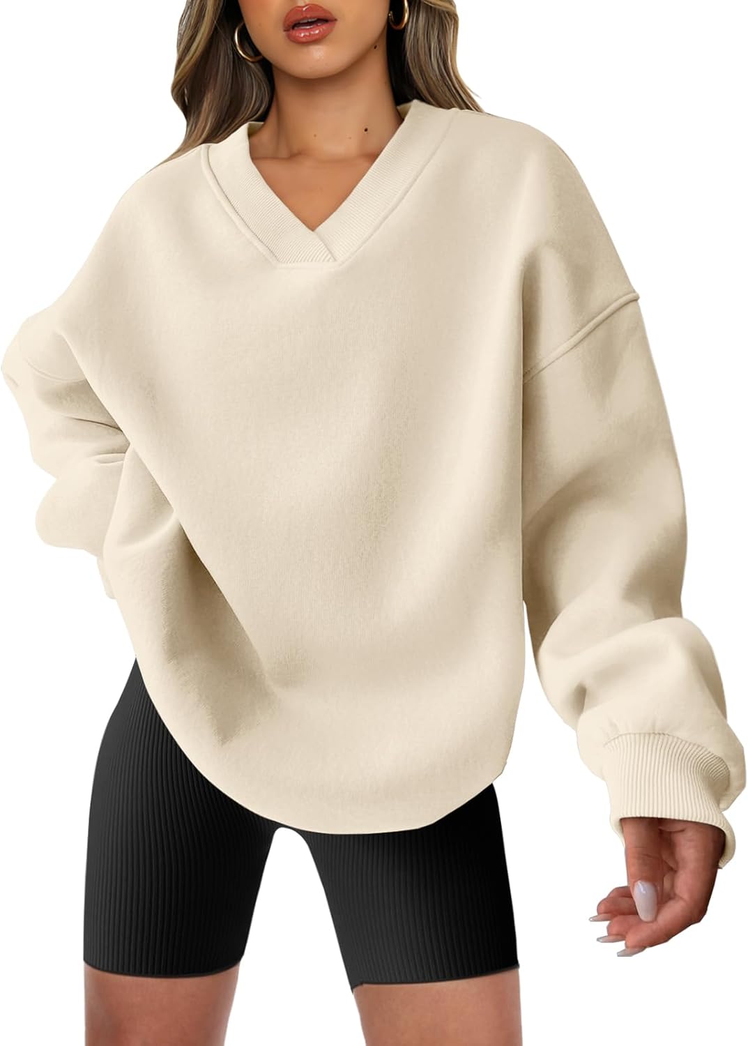 Oversized V Neck Sweatshirt for Women - Comfy Fleece Hoodie