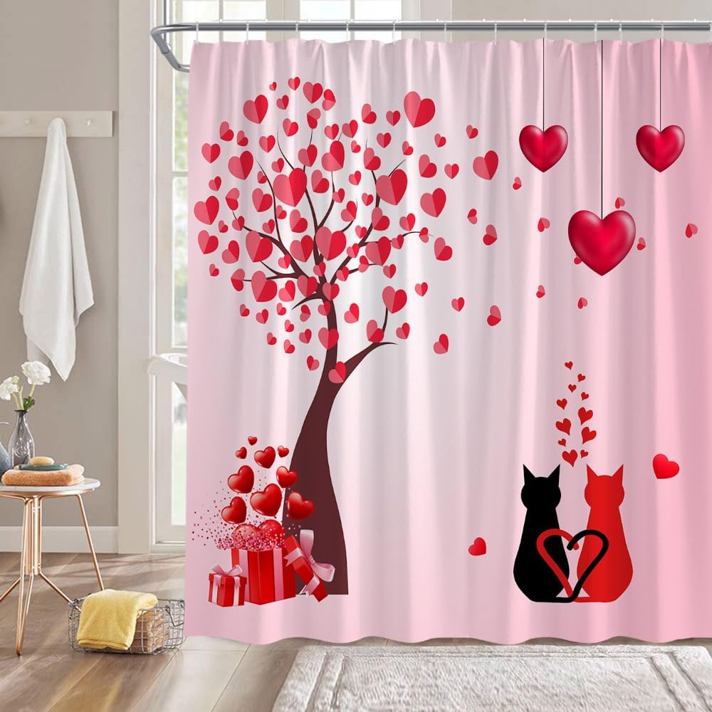 Cute Cat Heart Shower Curtain for Lovebirds