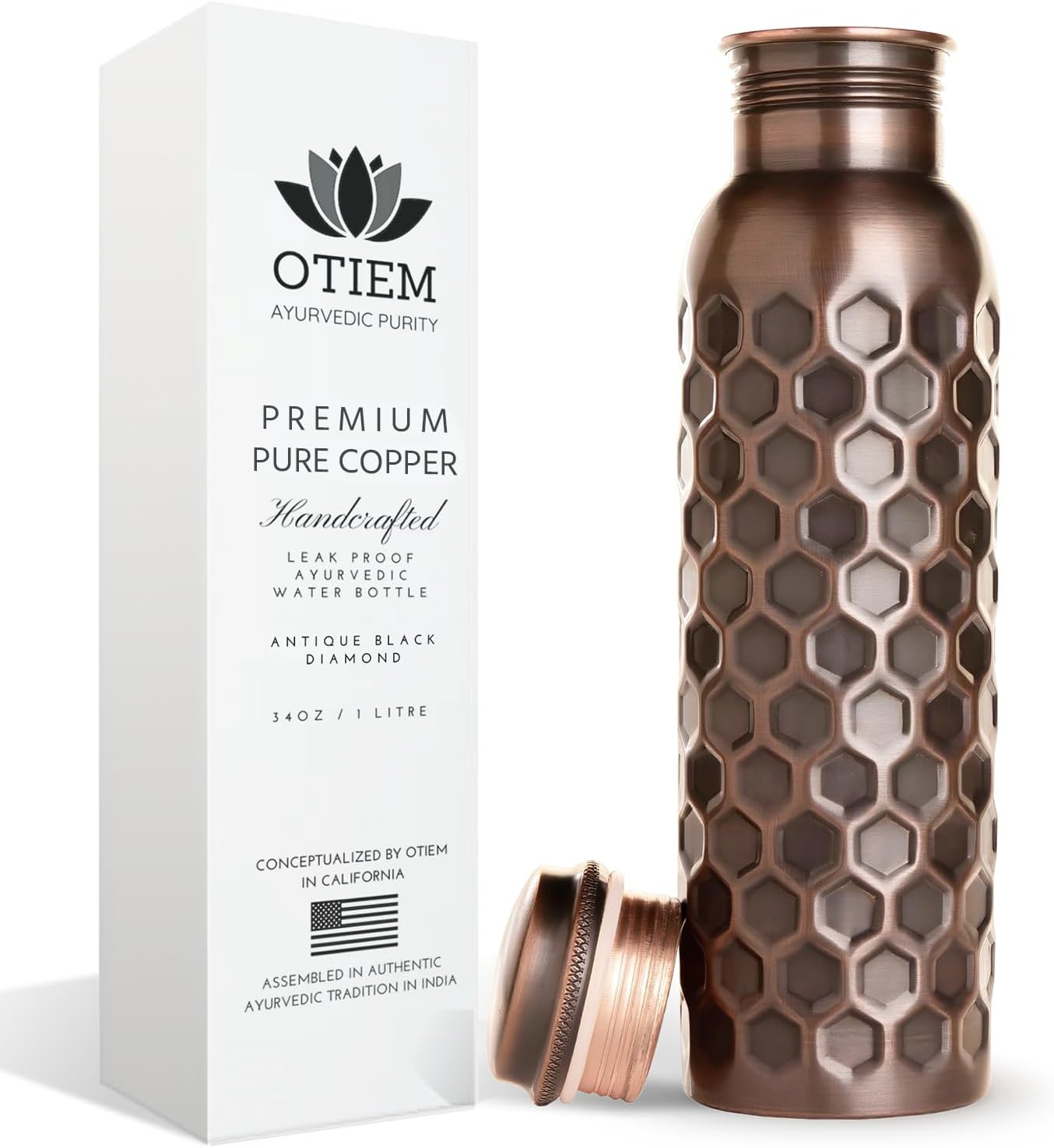 Pure Copper Water Bottle for Drinking Water - 34 Oz Antique Black