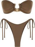 Metal Ring Bandeau Bikini Set - Sparkly High Cut Tie Side