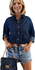Cropped Denim Shirt for Women - Adjustable Drawstring Crop Top Fashion
