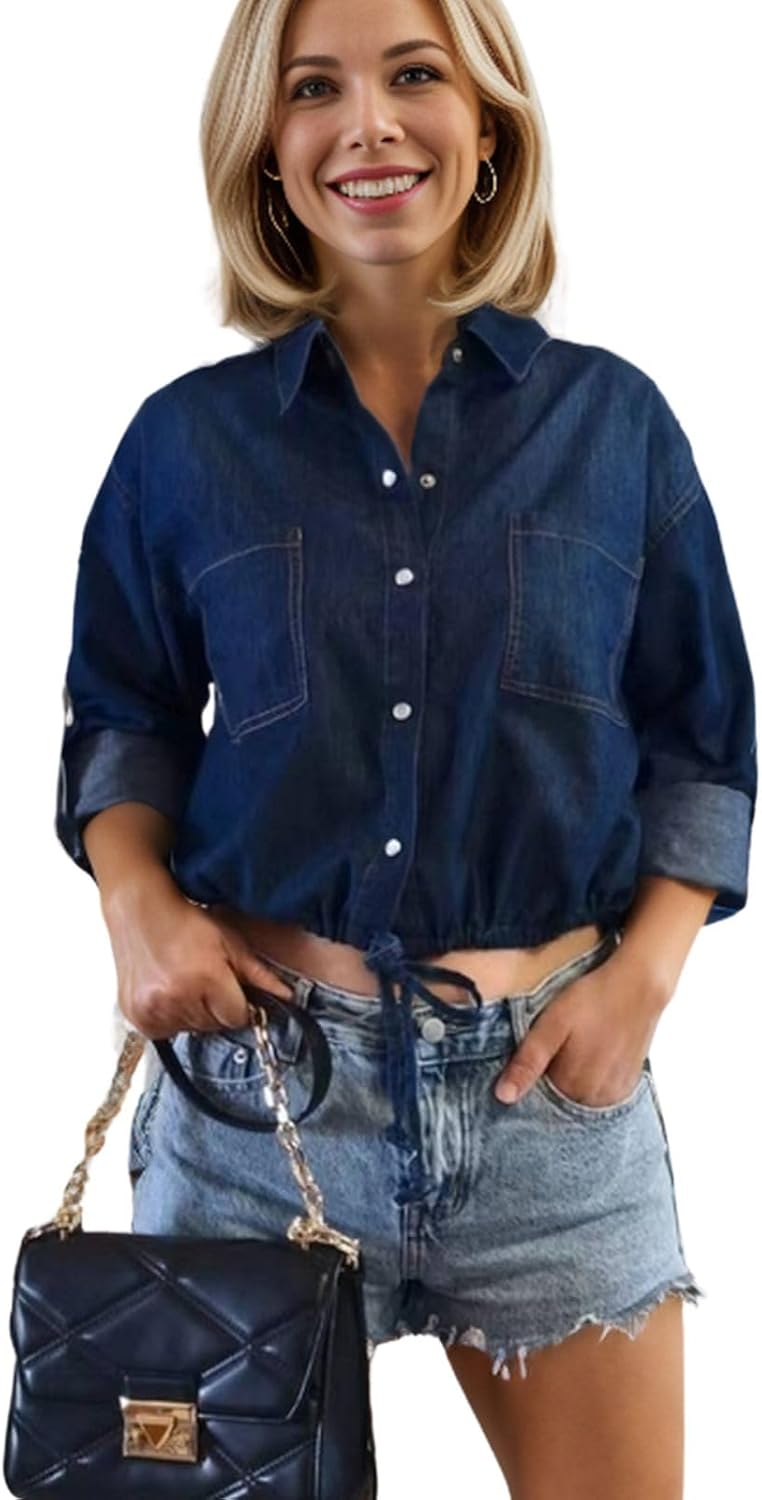Cropped Denim Shirt for Women - Stylish Button Down Top