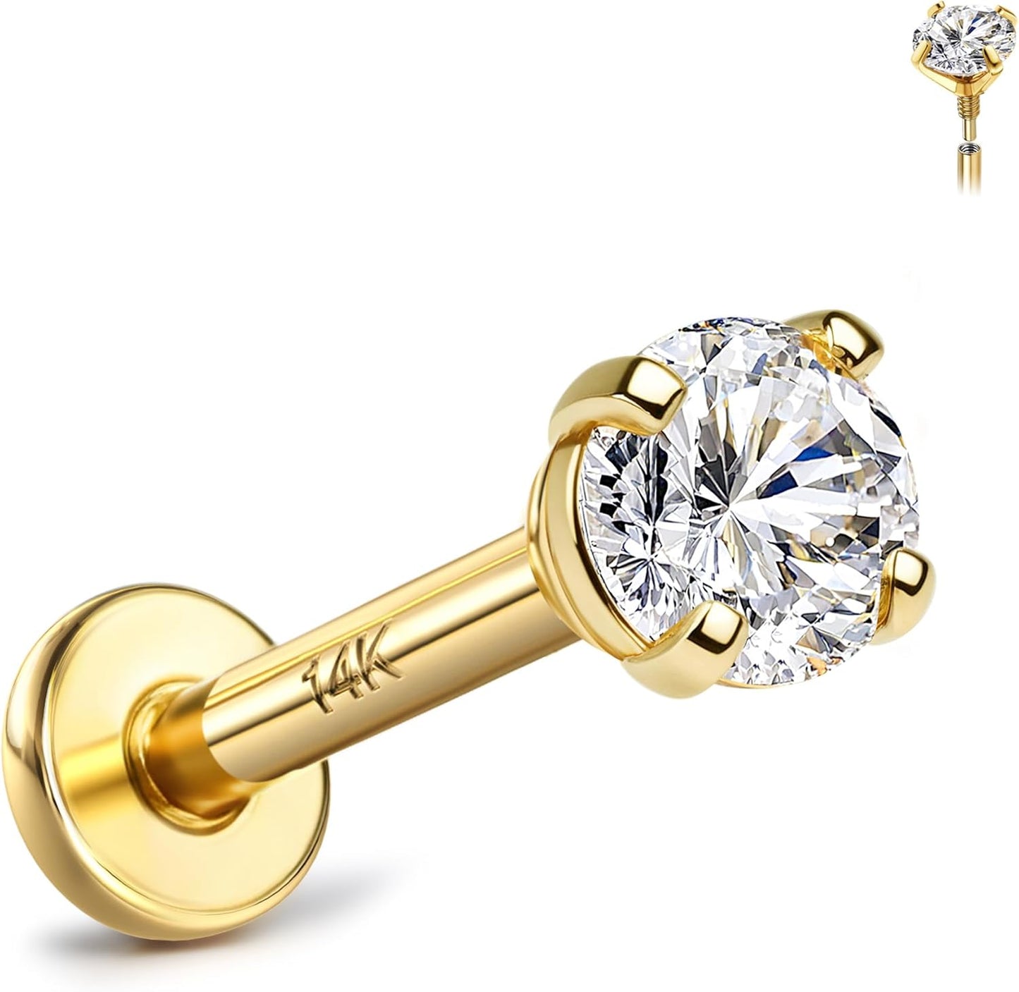 14K Solid Gold Flat Back Earrings for Cartilage and Helix Piercings