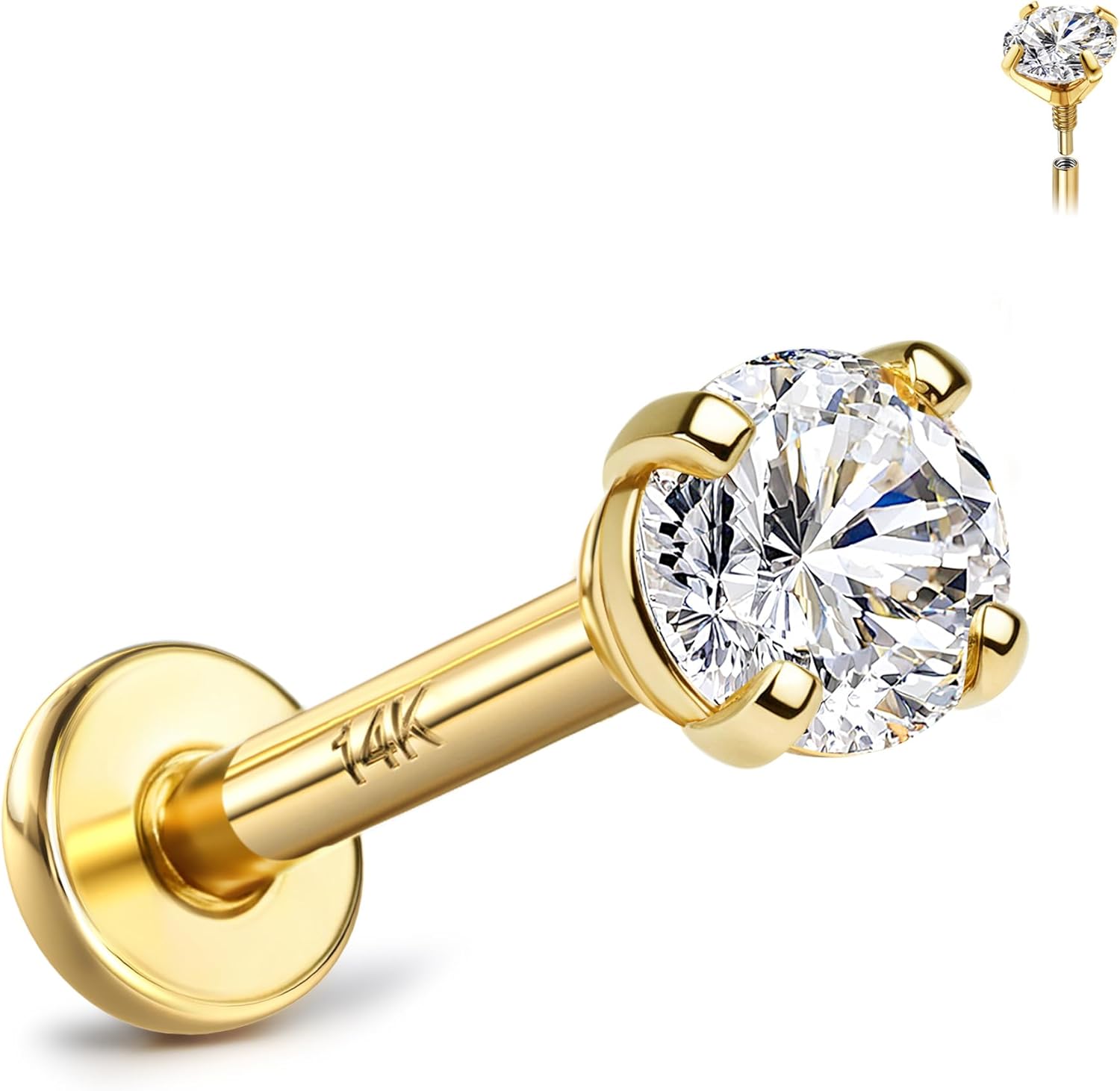 14K Solid Gold Flat Back Earrings for Cartilage and Helix Piercings