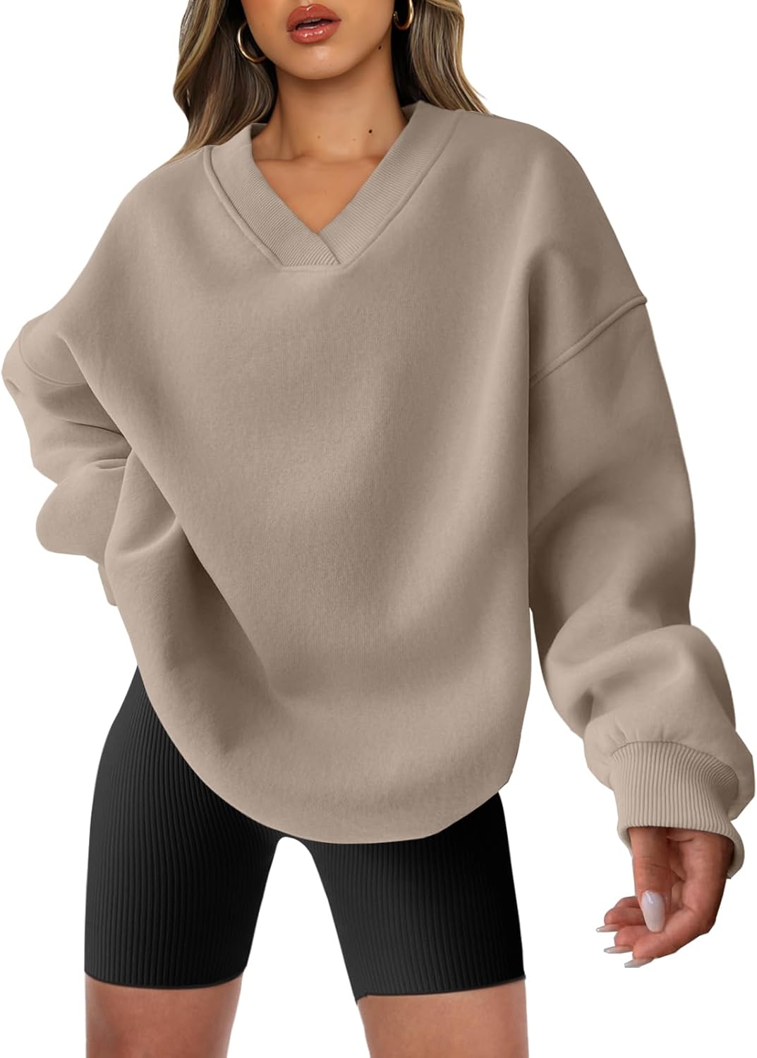 Oversized V Neck Sweatshirt for Women - Comfy Fleece Hoodie