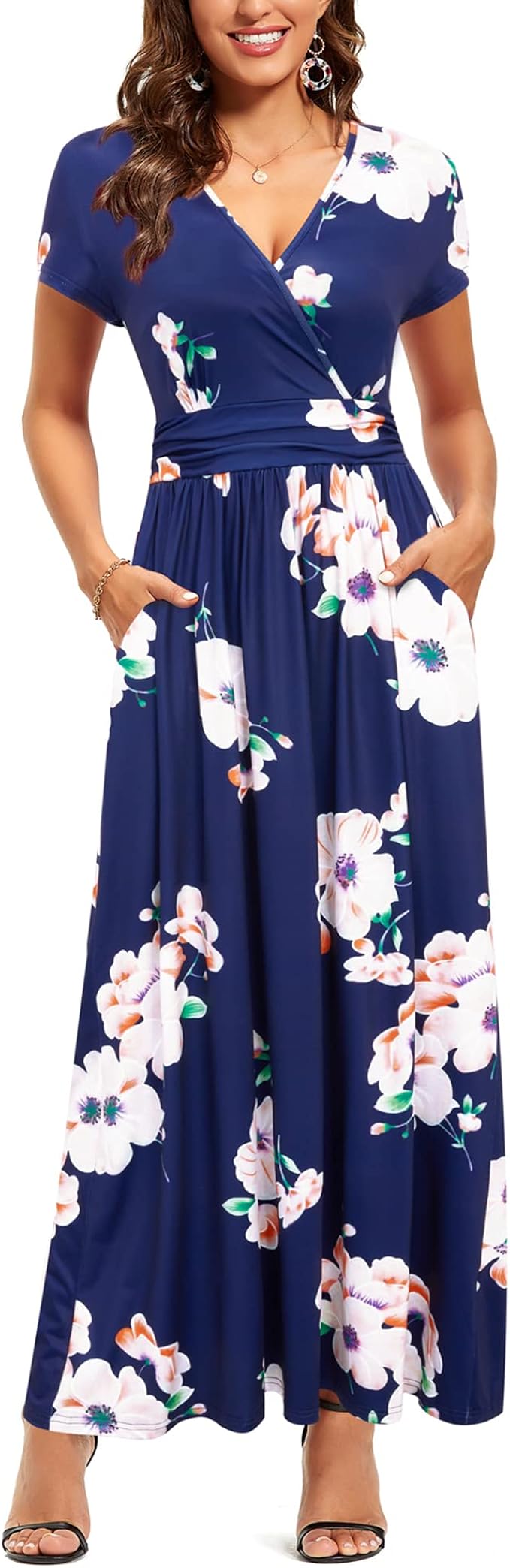 OUGES Womens' V-Neck Pattern Pocket Maxi Long Dress Review