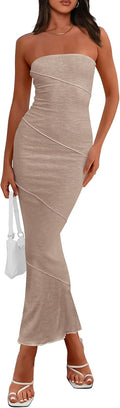 Women's Ribbed Maxi Bodycon Dress Strapless Tube Y2K - Flattering