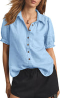 Cicy Bell Womens Puff Short Sleeve Button Down Blouse - Linen Blend