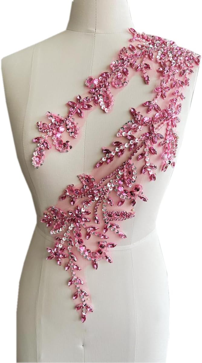 Handmade Shining Acrylic Rhinestones Lace Applique Trim Patches