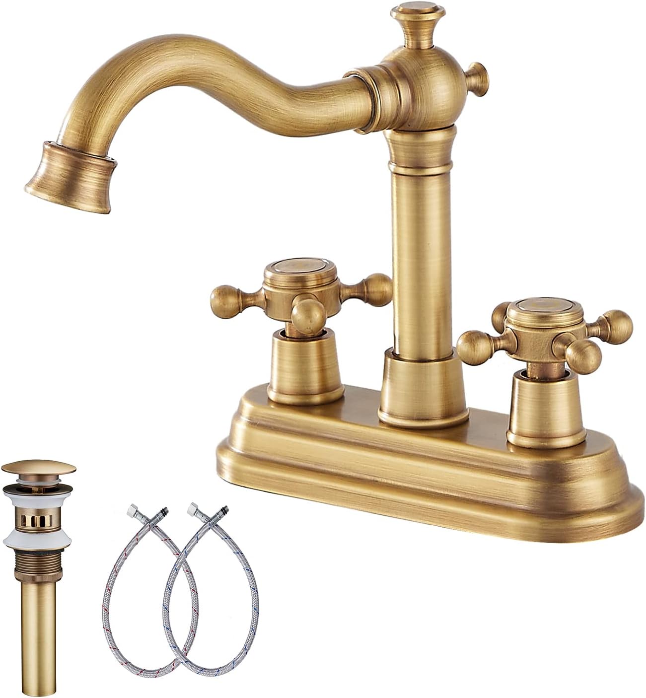Antique Brass Bathroom Faucet with 2 Handles and Drain Assembly