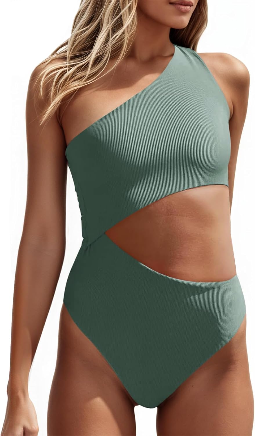 Women's One Piece Ribbed Swimsuit with One Shoulder Cutout