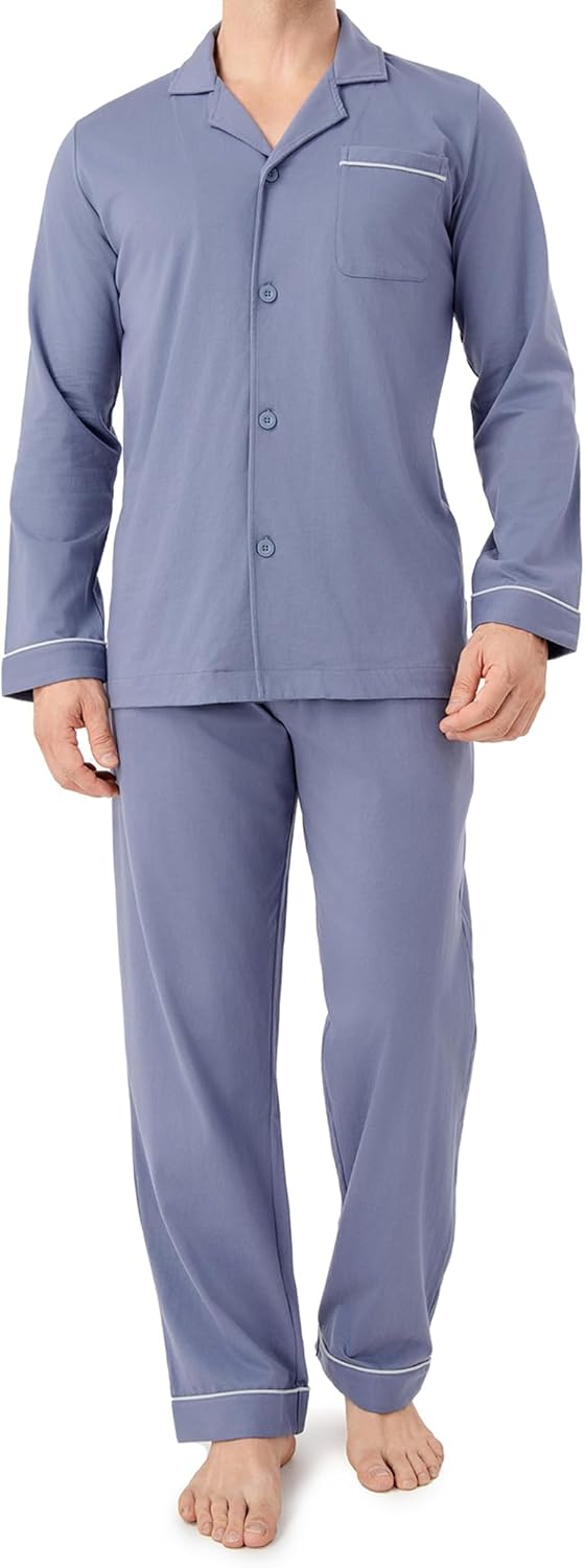 Comfortable Cotton Mens Pajamas Set with Notched Collar Design