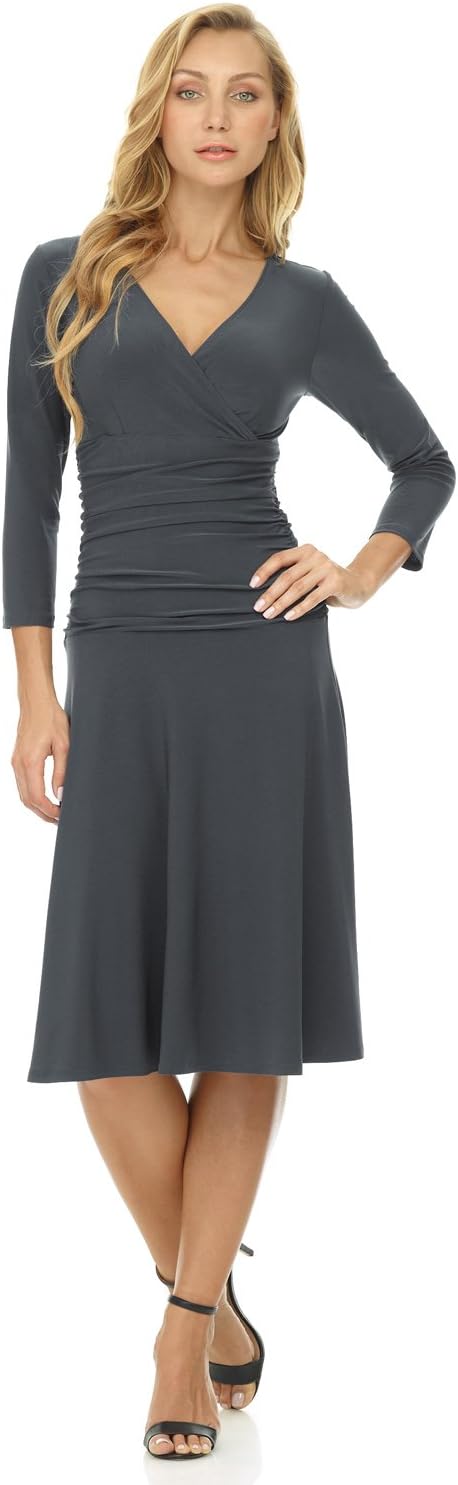 Rekucci Women's Slimming 3/4 Sleeve Crossover Tummy Control Dress