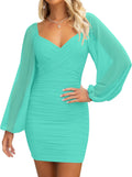 ZESICA Womens V Neck Ruched Bodycon Mini Dress - Sheer Puff Sleeve