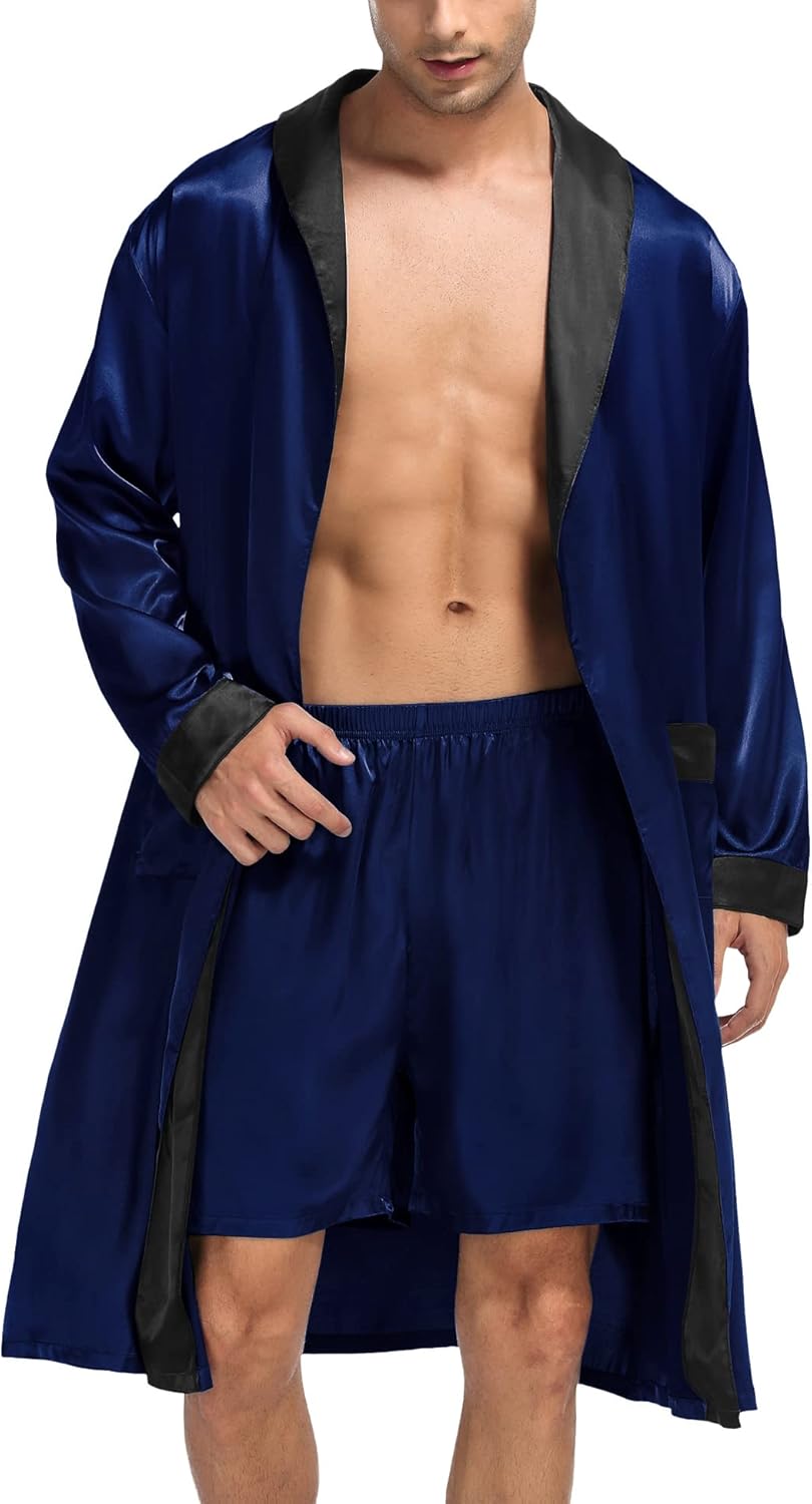 SWOMOG Men's Satin Robe with Shorts Set for Ultimate Comfort