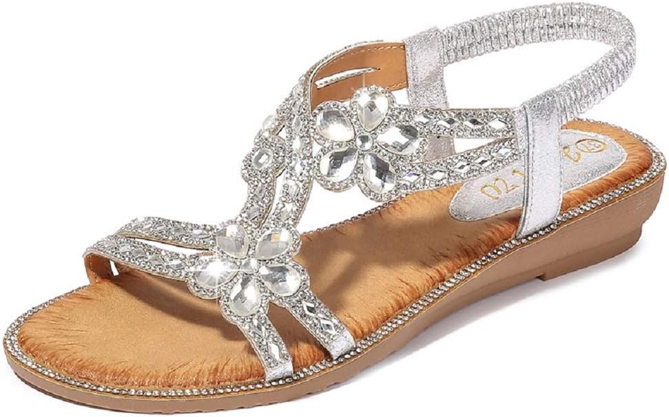 Women's T-Strap Beaded Flower Rhinestone Flat Sandals for Summer