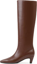 Knee High Boots Women Square Toe Kitten Heel Brown - Daily Comfort