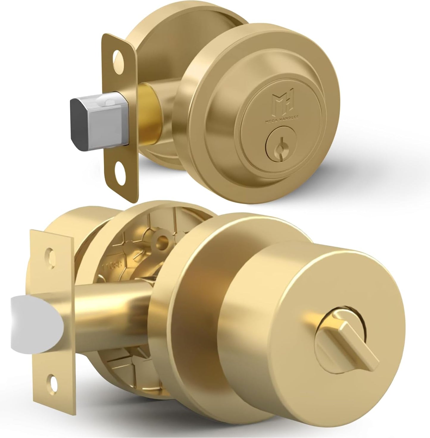 Mega Handles Buena Entry Combo: Heavy Duty Satin Brass Door Knobs