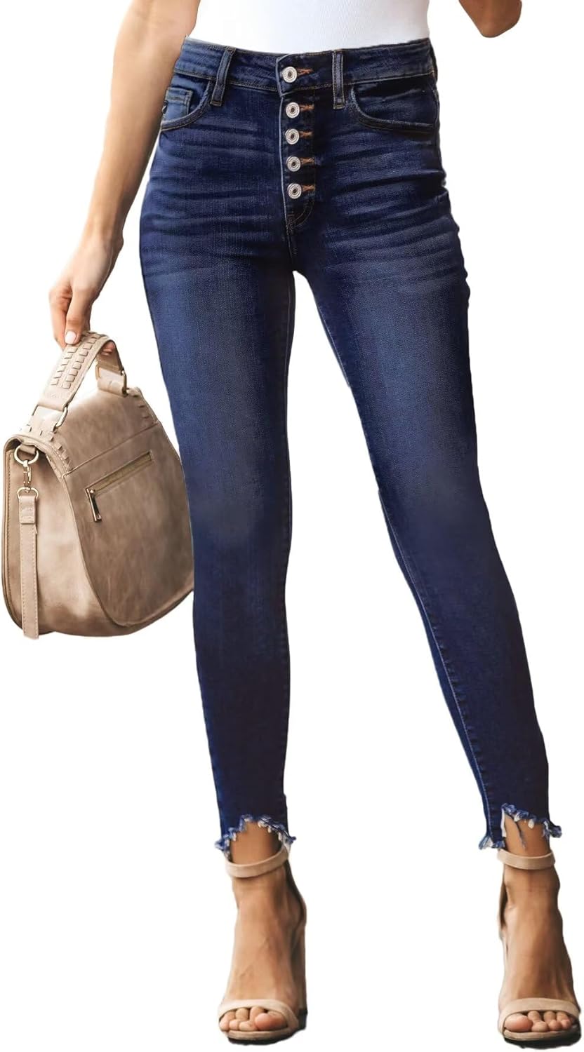 Allimy Women's High Rise Skinny Stretch Button Ripped Jeans