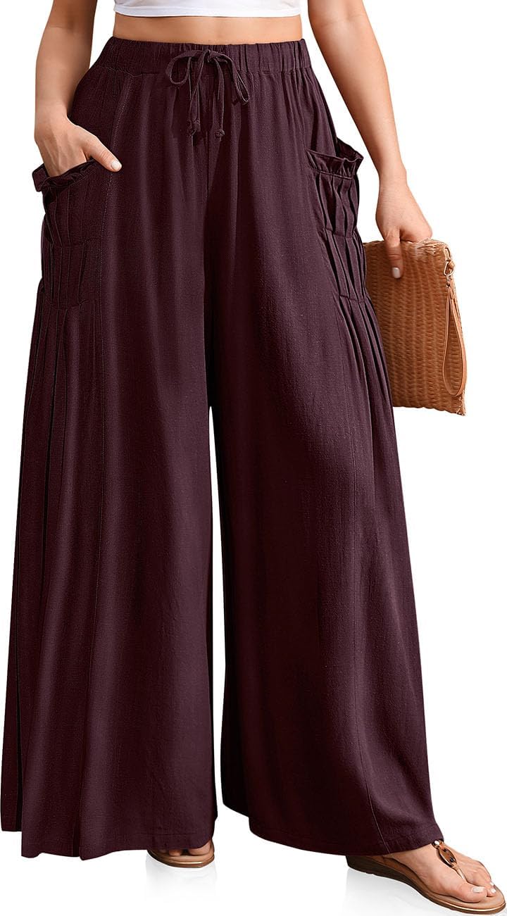 Linen Palazzo Pants for Women - Boho Wide Leg Casual Style