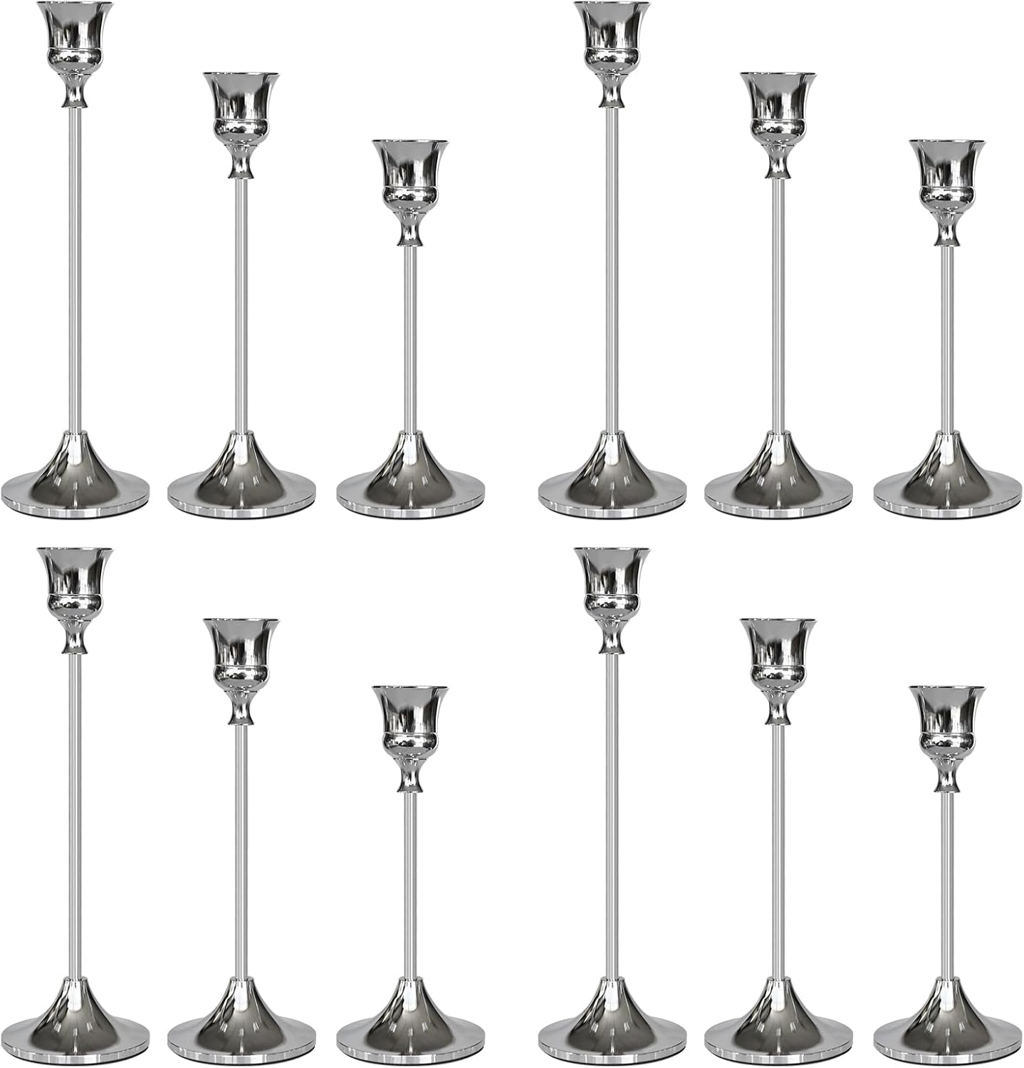 Elegant Silver Candlestick Holders for Home Decor - 12 Pack