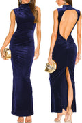 Backless Velvet Maxi Dress with High Neck and Ruched Slit (Style 96RX)