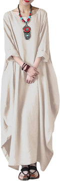 Women Cotton Maxi Dress Long Caftan with 3/4 Sleeves - Loose Fit