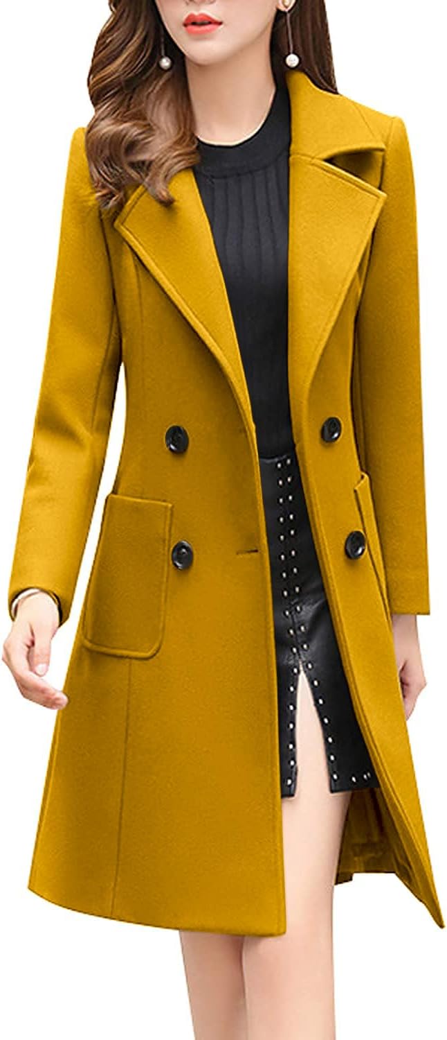 Elegant Notched Collar Double Breasted Wool Blend Over Coat