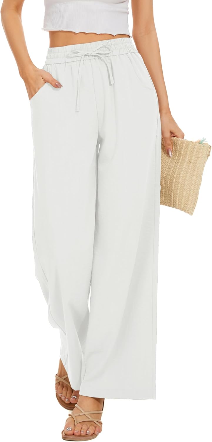 Women Flowy Pants Drawstring Waist Wide Leg Palazzo Beach Pants