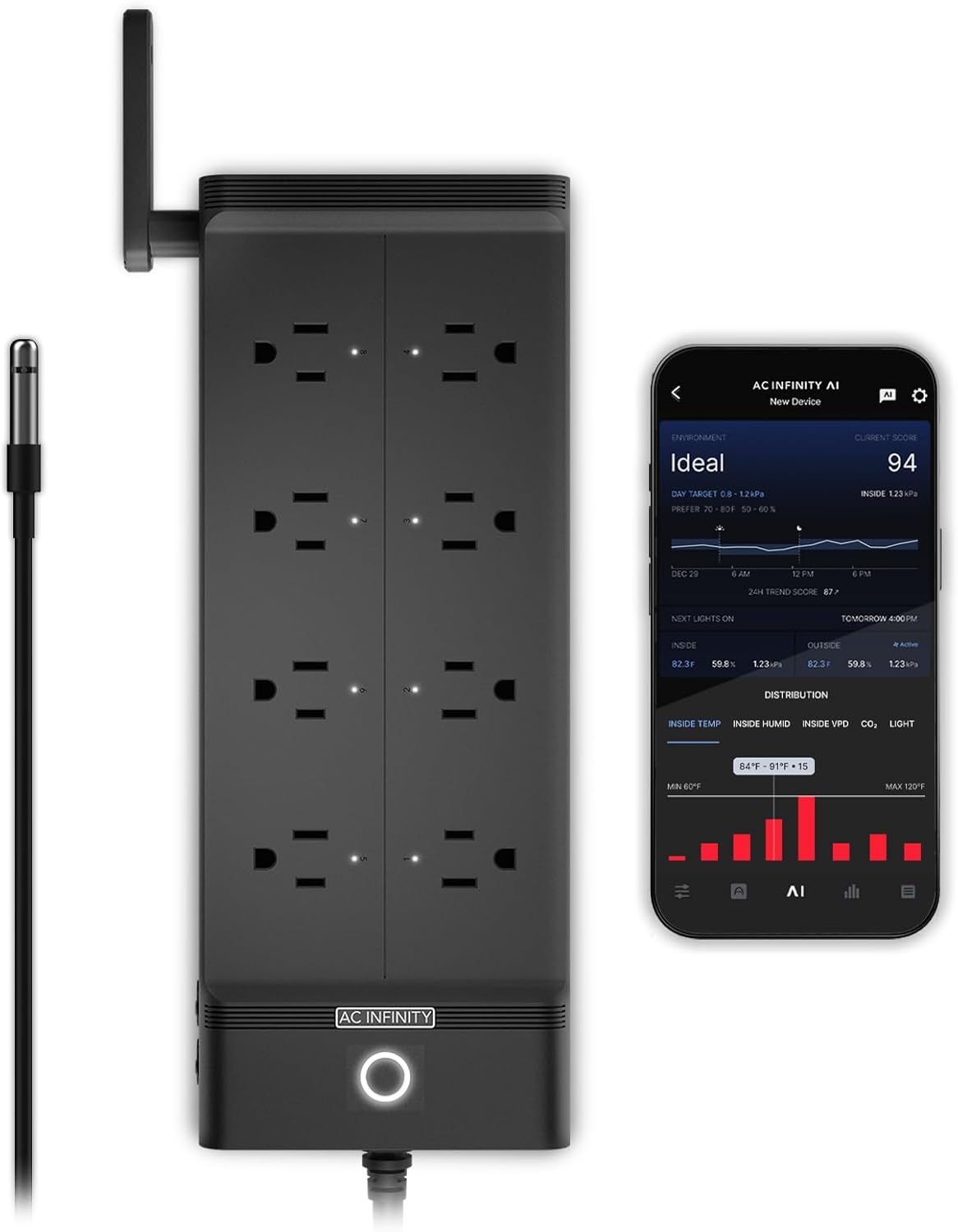 AC Infinity Outlet AI+ Smart WiFi Power Strip for Grow Spaces