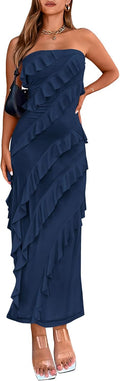 Strapless Mesh Midi Ruched Bodycon Dress - Elegant Summer Party Formal