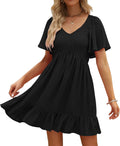 Women's Flowy Casual Mini Dress - Smocked V Neck with Pockets