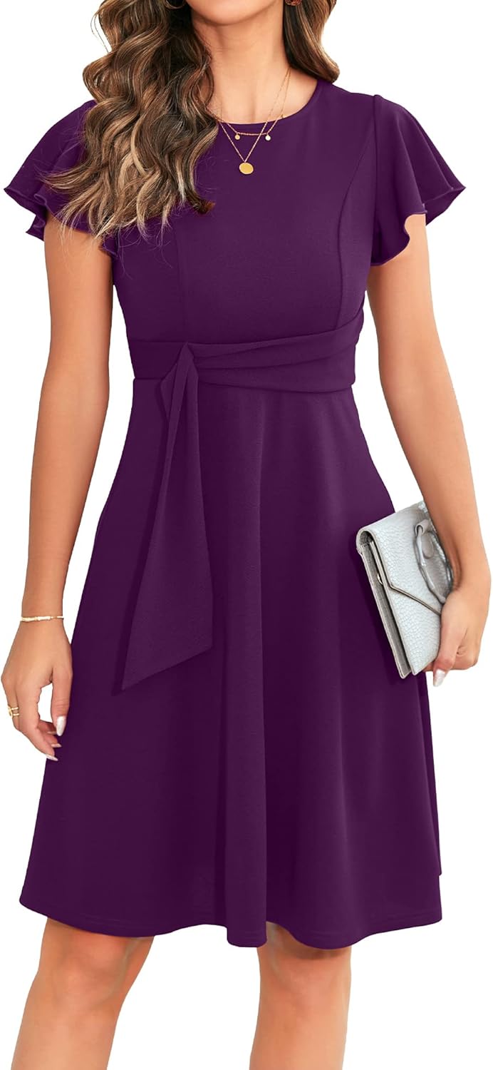 OWIN Womens Elegant Ruffle Sleeve Flared A Line Swing Dress