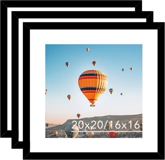 20x20 Picture Frame Set of 3 Black with 16x16 Mat for Photos